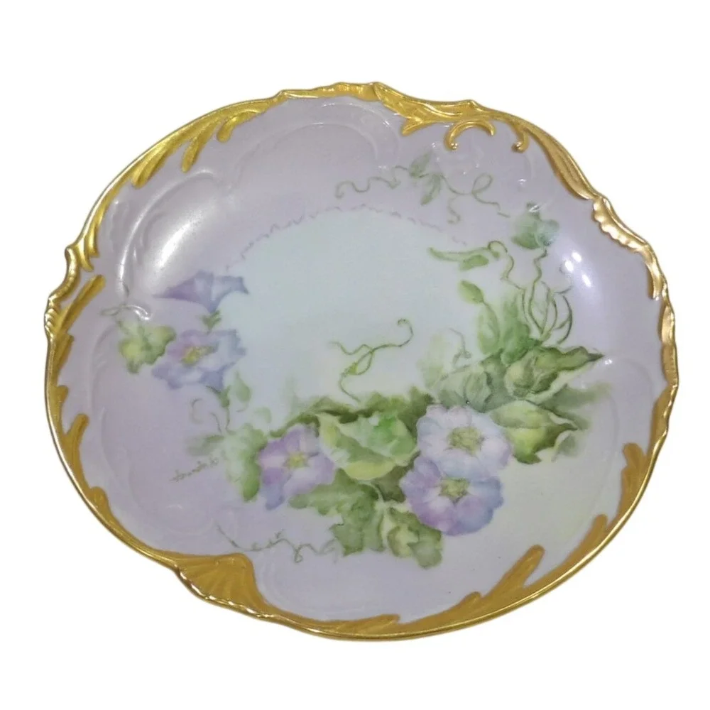 Vintage Hand Painted Porcelain Floral Plate Purple Morning Glory Gold Trim 1970